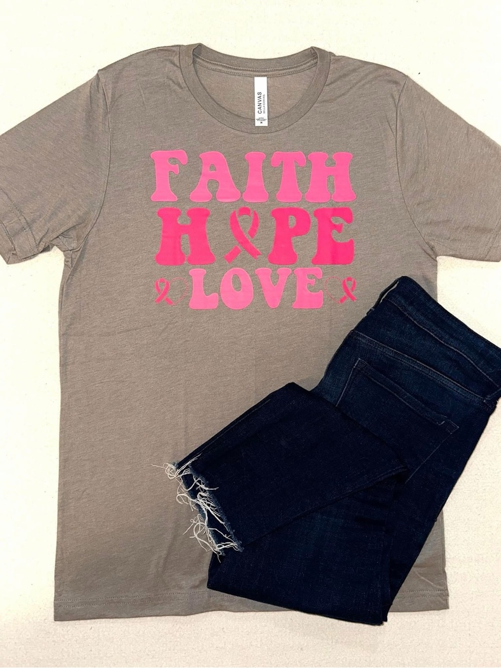 Faith Hope Love Graphic Tee - Pink Print on Black or Tan